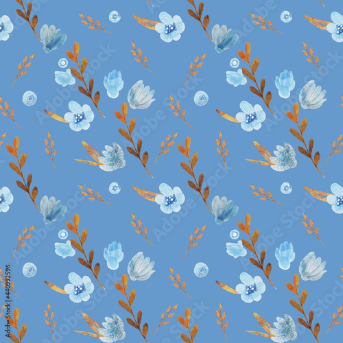 Seamless pattern with watercolor painted blue flowers  orange sticks and blue background. Can be used for home decoration design  textile design  printing.