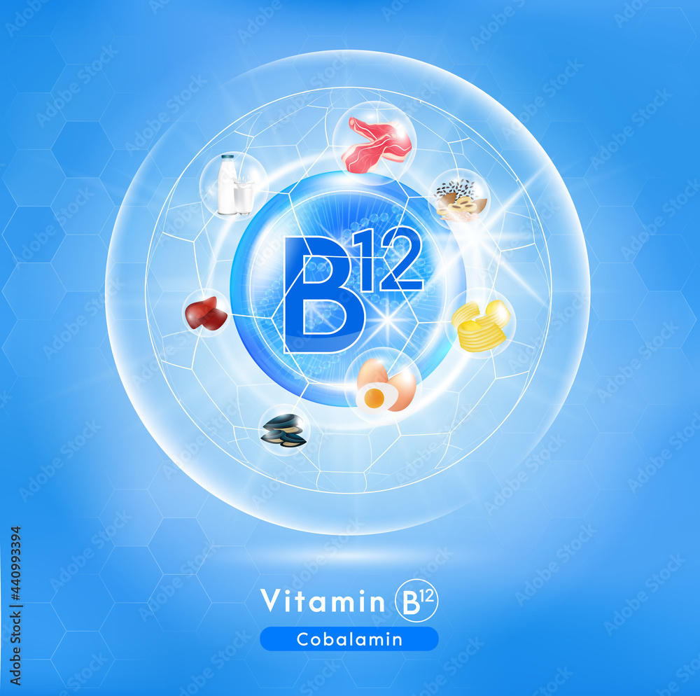 Vitamin B12 icon shining blue. Vitamin complex with Chemical formula. Fruits and vegetables that neutralize free radicals. Health care and beauty treatment nutrition skin care design. 3d Vector EPS10.