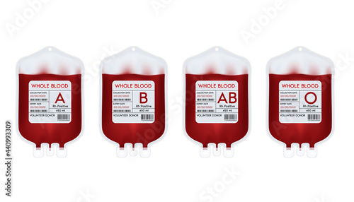 Blood bag with label different blood group A, B, O and Rh system. Blood donation ideas to help the injured medical. 3D Vector EPS10 illustration photo