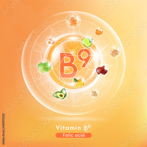Vitamin B9. Medicine capsule, Orange substance. Fruits and vegetables that neutralize free radicals. With chemical formula. Anti aging beauty enhancement concept and health care. 3D vector EPS10.