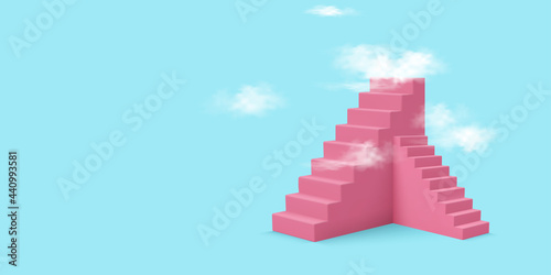 3d realistic style pink stairs with clouds. Success or growth concept. Vector illustration.