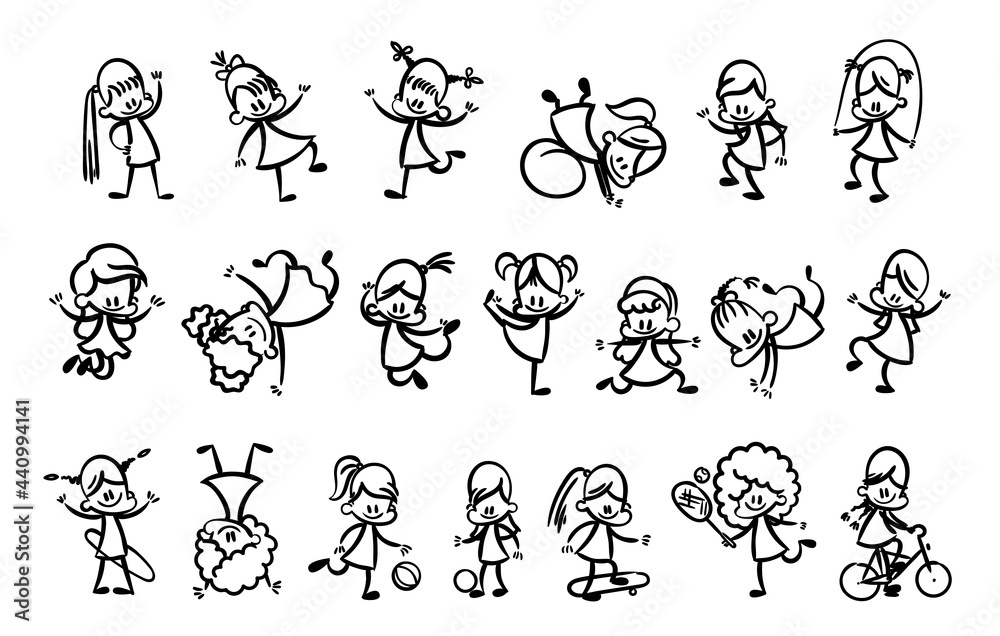 Collection of happy cartoon kids, lined hand drawn doodle outline style