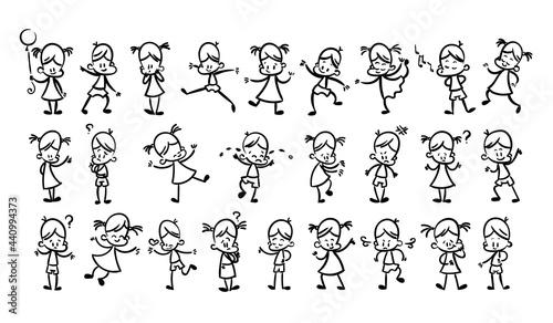 Collection of happy cartoon kids, lined hand drawn doodle outline style