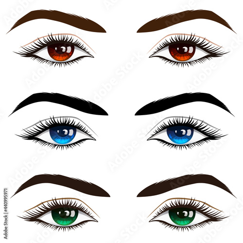 Set of beautiful brown, blue and green female eyes with thick black eyelashes.