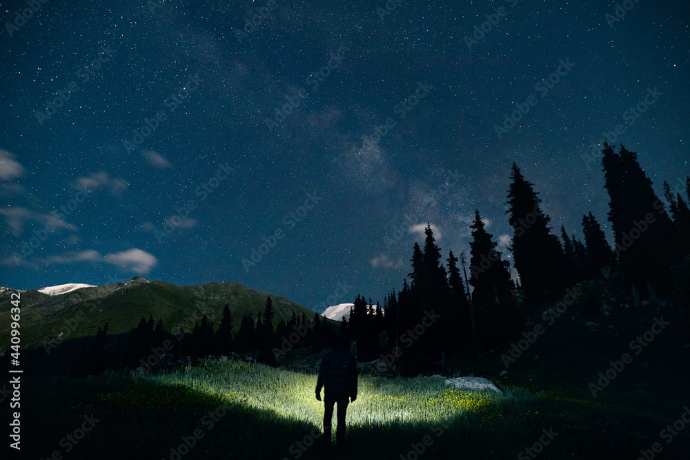 Man with headlamp looking at night sky