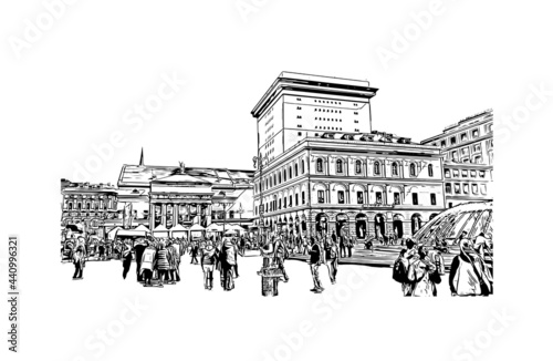 Building view with landmark of Genoa is the 
city in Italy. Hand drawn sketch illustration in vector.