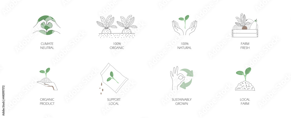 Obraz premium icon of locally grown food, farmers market organic product, fresh natural organic sustainable label. concept of support local small business. simple vector line illustration. 