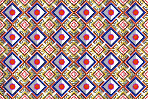 geometric fabric pattern Yellows and oranges, blues, purples, reds, blacks, whites feature brightly colored flowers and shadows that create dimension. Flat design concept for fabric pattern, curtains