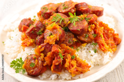 creole dish- rice with sausage and tomato sauce spicy photo
