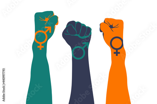 Abstract colourful raised fists with sex symbols. Male, female and transgender movement concept. Feminism, pride, freedom and equality vector illustration.