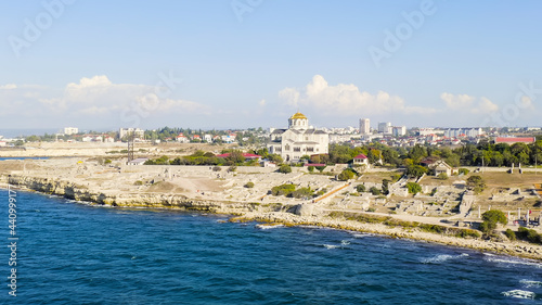 Sevastopol, Crimea. Vladimirsky Cathedral in Chersonesos. Chersonesus Tauric - founded by the ancient Greeks on the Heracles peninsula on the Crimean coast, Aerial View photo