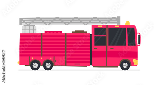Cartoon firetruck isolated on white background. Flat style firefighters transportation, modern wheeled motor vehicle, rescue truck side view vector illustration. Red fire engine hand drawn design