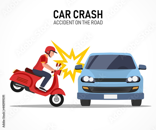 car crash with motorcycle vector illustration. accident on the road. isolated on white background. Accident insurance concept. The dangers of reckless driving.