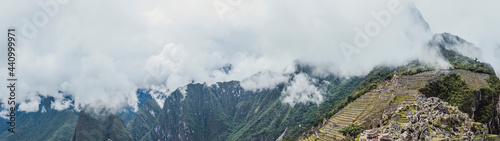 Panoramic view of Sacred Valley of Urubamba in the Machu Picchu lost city from inca civilization. Ruins and ancient architecture. Cusco Province. Peru, South America