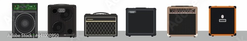 Set of bass and guitar amplifiers and speakers. Concert equipment. Material for rider of artist-musician. Rehearsal combo. Music studio theme. Guitar monitoring. Portable monaural speaker system.  photo