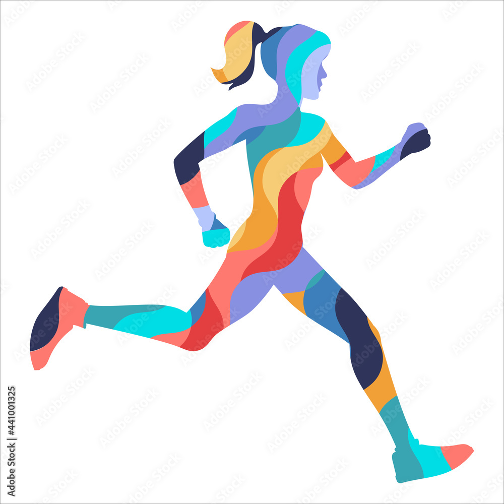 Silhouette of a running girl from a mosaic. Running, marathon, sport and healthy lifestyle illustration.