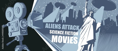 Cinema poster, banner, flyer, ticket to science fiction movies. Vector illustration with an old-fashioned movie projector, UFOs flying over a night city with bright rays aimed at the Statue of Liberty