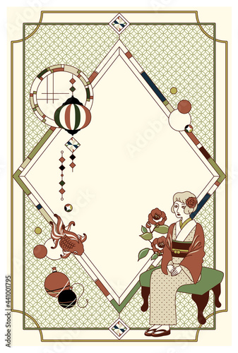 着物の女性とレトロな丸窓のベクターフレームイラスト素材