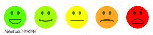 Smiley face satisfaction emoticon happiness smile feedback scale. From happy to angry emotion. Red green circle set. Five star.