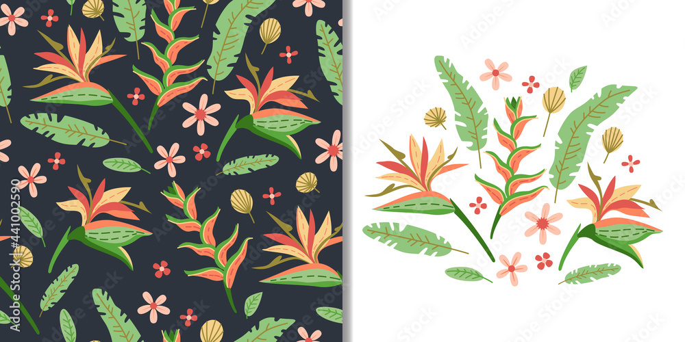 Floral set with seamless pattern and cute tropic flower elements, vector design. Tropical vector background with exotic flowers, palm leaves, jungle leaf. Botanical wallpaper illustration