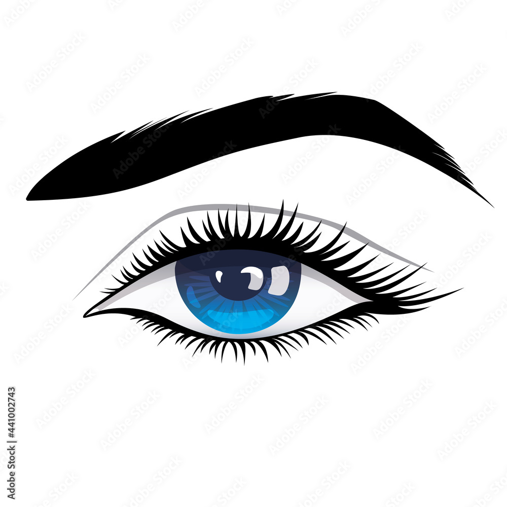 Beautiful blue female eye with thick black eyelashes. Vector illustration of an eye with makeup on a white background. Beautiful blue female eye with thick black eyelashes. Vector illustration of an eye with makeup on a white background.