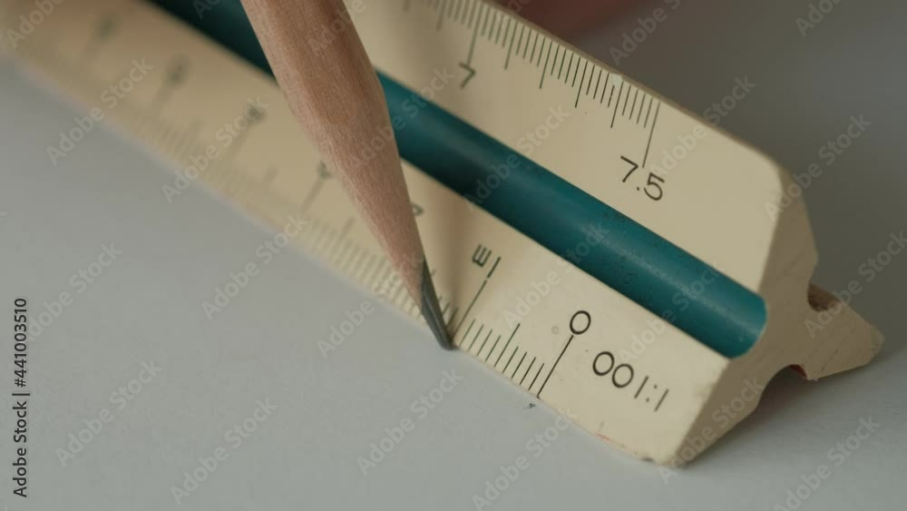 Close up, Male Hands using Triangle Scale Ruler with Wooden Pencil on ...