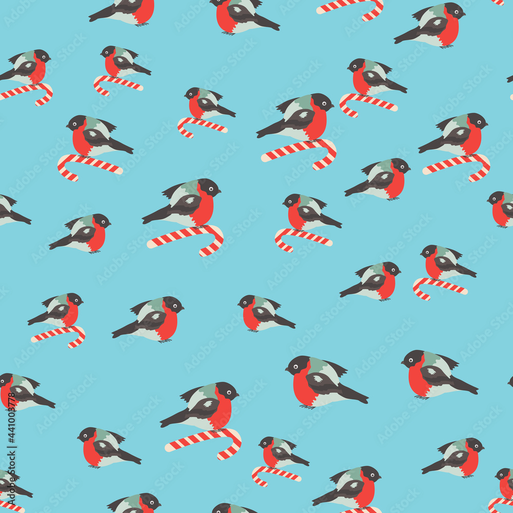 Seamless pattern for Christmas with cane lollipop and bullfinch bird. Winter holiday Seamless pattern for Christmas with cane lollipop and bullfinch bird. Winter holiday