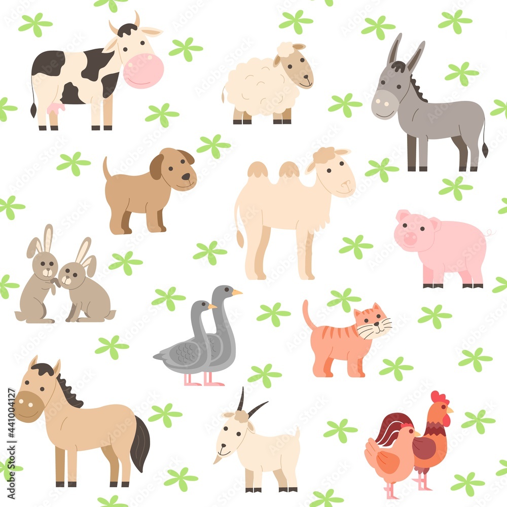 Farm animals seamless pattern. Cute cartoon pet and domestic animals collection: cow, horse, donkey, camel, dog, pig, sheep, goat, cat, rabbit and rooster and chicken and goose. 