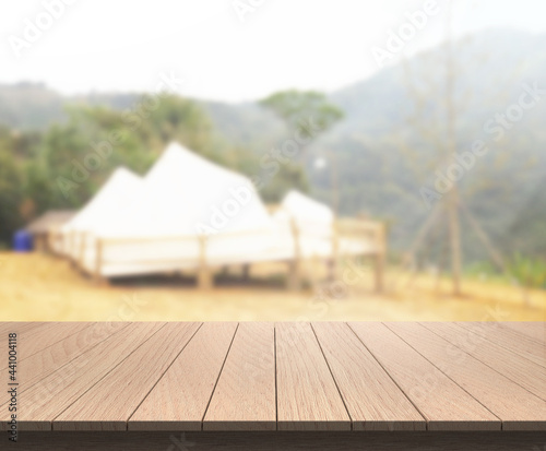 Table Top And Blur Building Of Background