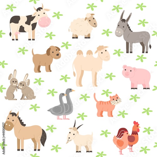 Farm animals seamless pattern. Cute cartoon pet and domestic animals collection  cow  horse  donkey  camel  dog  pig  sheep  goat  cat  rabbit and rooster and chicken and goose. 