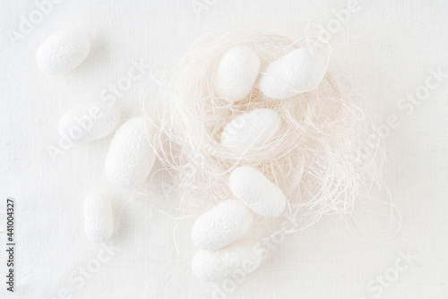 background with silk cocoons, commercially bred caterpillar of silkworm moth photo