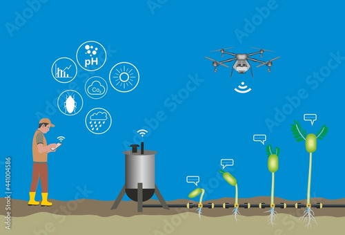 Farmer controls field smart irrigation system with a mobile app on his tablet and drone, Modern farming concept