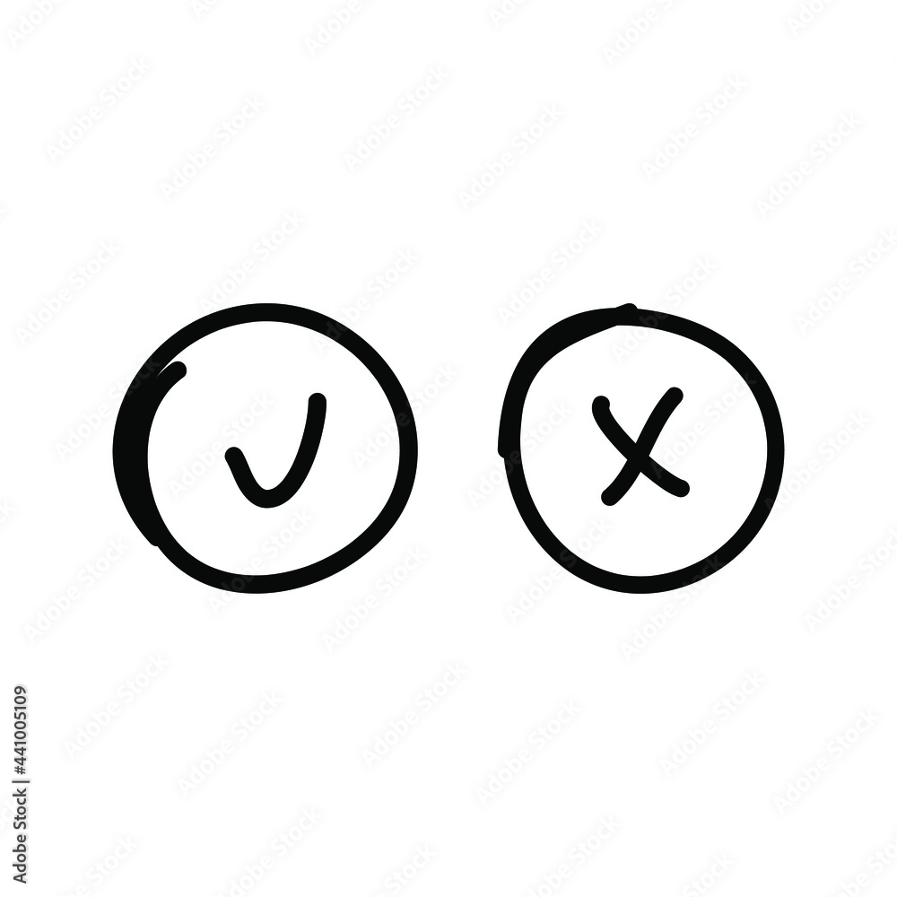 Check mark,hand draw icons.Tick and cross checkmarks icons set. Vector illustration.White background.Isolated. Check mark,hand draw icons.Tick and cross checkmarks icons set. Vector illustration.White background.Isolated.