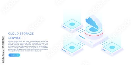 Cloud storage concept in isometric vector illustration. Digital service or app with data transfering. Digital server, database and cloud computing service. Vector illustration.