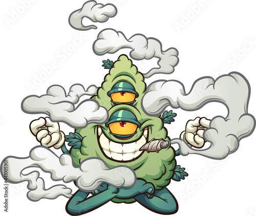 Marijuana bud character smoking and floating in a lotus flower position. Vector clip art illustration with simple gradients. All on a single layer.
