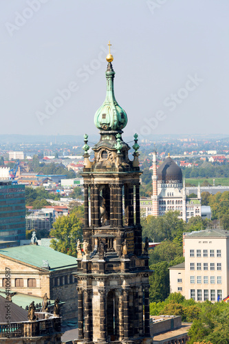 Aerial view of tower of 18th century baroque Dresden Cathedral, Dresden, Germany