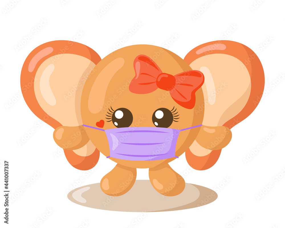Fototapeta premium Funny cute kawaii elephant with round body and protective medical face mask in flat design with shadows. Isolated animal vector illustration