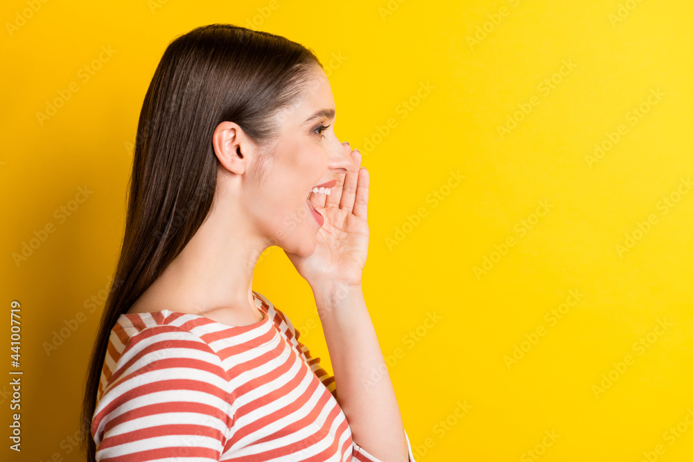 Profile photo of sweet young lady yell empty space wear red sweater isolated on vibrant yellow color background Profile photo of sweet young lady yell empty space wear red sweater isolated on vibrant yellow color background