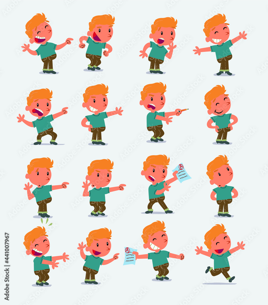 Cartoon character white little boy. Set with different postures, attitudes and poses, doing different activities in isolated vector illustrations