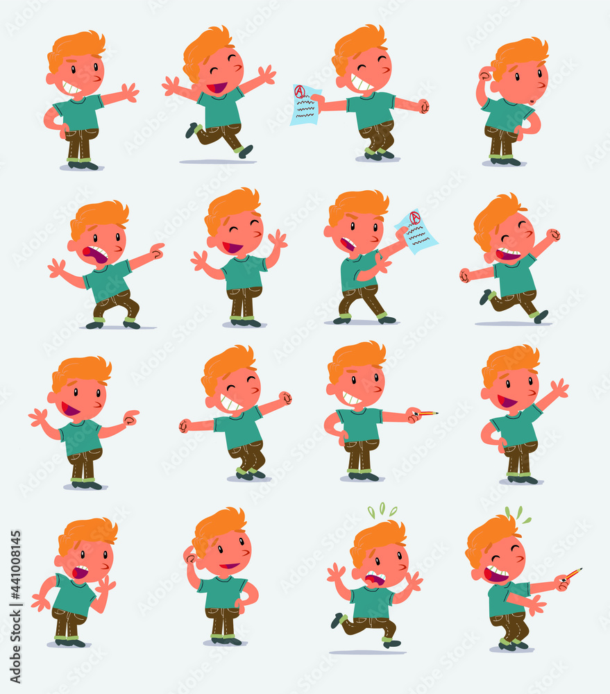 Cartoon character white little boy. Set with different postures, attitudes and poses, doing different activities in isolated vector illustrations Cartoon character white little boy. Set with different postures, attitudes and poses, doing different activities in isolated vector illustrations