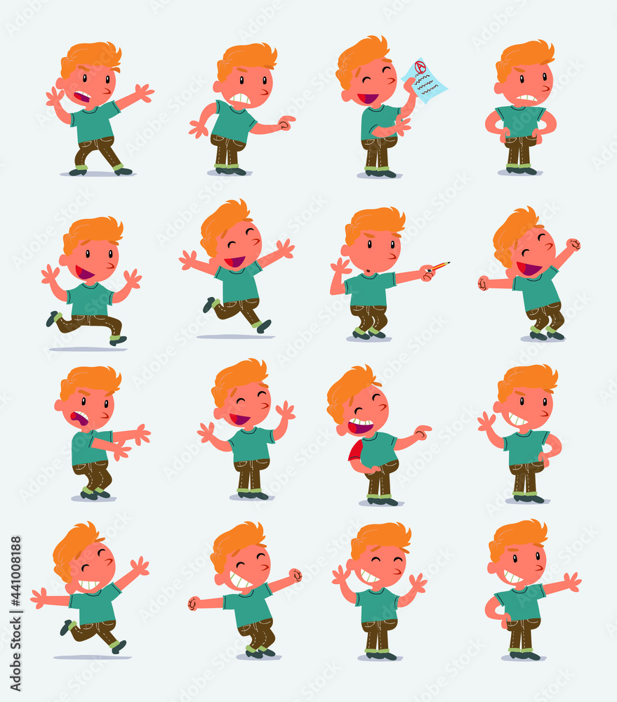 Cartoon character white little boy. Set with different postures, attitudes and poses, doing different activities in isolated vector illustrations Cartoon character white little boy. Set with different postures, attitudes and poses, doing different activities in isolated vector illustrations
