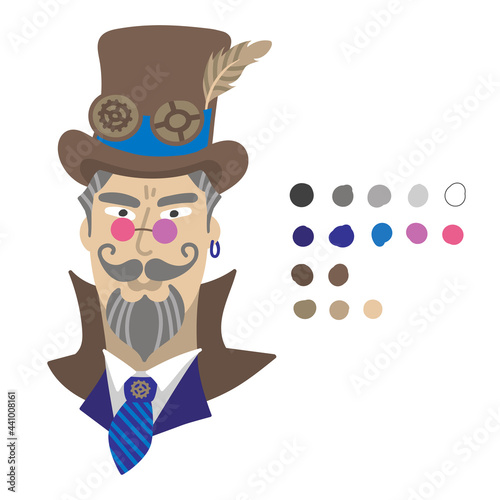 Steampunk man face, avatars with  gray-haired beard, mustache and hat, glasses, goggles isolated on white background. Vector illustration for card, party, flyer, poster, banner, web, advertising. 