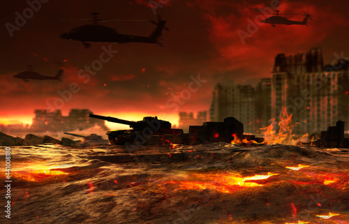 Tablou pe pânză 3d render illustration of burning battlefield with tanks and helicopters flying on ruined city background, backdrop artwork