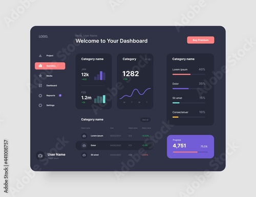 Dashboard design in dark colors. App interface with UI and UX elements. Use design for web application, desktop app or website.