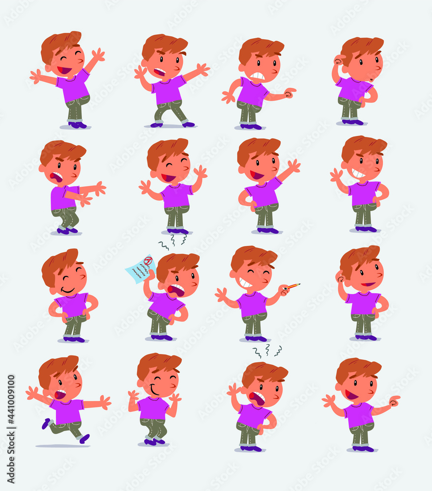 Cartoon character white little boy. Set with different postures, attitudes and poses, doing different activities in isolated vector illustrations Cartoon character white little boy. Set with different postures, attitudes and poses, doing different activities in isolated vector illustrations