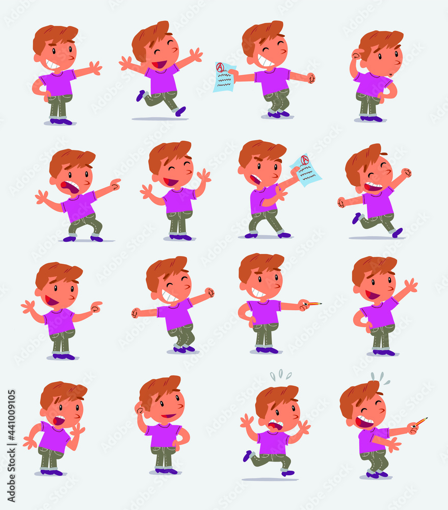 Cartoon character white little boy. Set with different postures, attitudes and poses, doing different activities in isolated vector illustrations