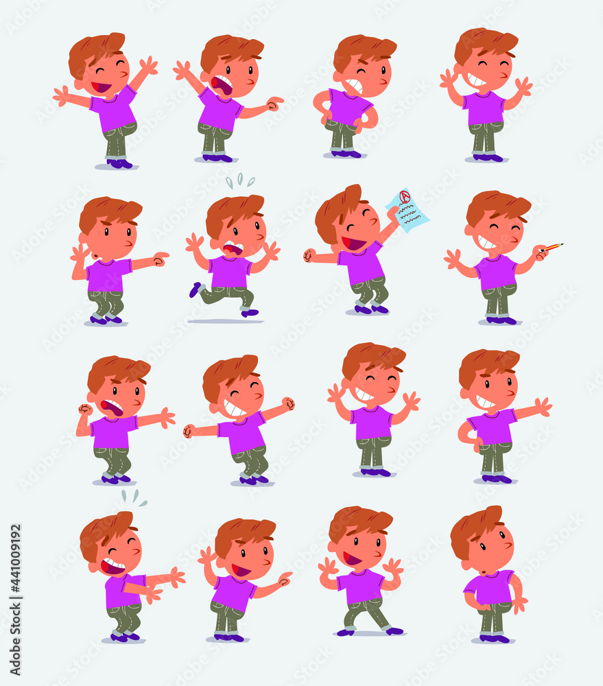 Cartoon character white little boy. Set with different postures, attitudes and poses, doing different activities in isolated vector illustrations Cartoon character white little boy. Set with different postures, attitudes and poses, doing different activities in isolated vector illustrations