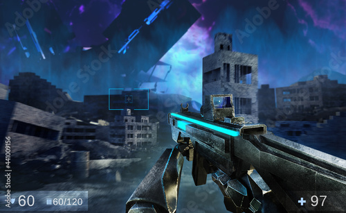 3d render illustration of sci-fi first person shooter game with soldier hands holding futuristic weapon on alien invaded ruined city battlefield background. photo