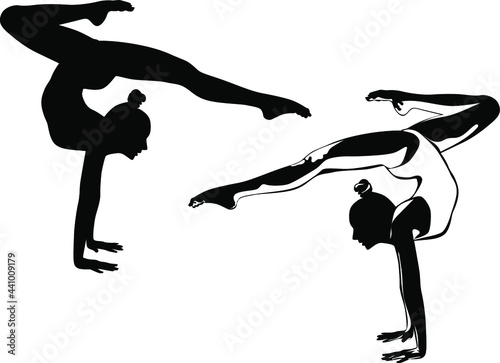 Black and white image of a gymnast performing an exercise vector illustration