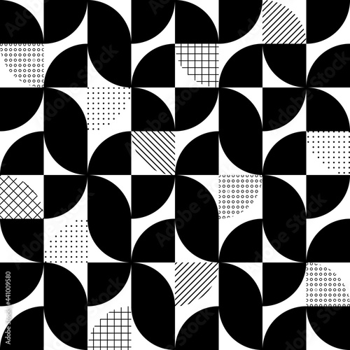Geometric abstract seamless pattern. Repeated black color texture on white background. Repeating figure geometry pattern circle and square shape for design prints. Modern style graphic element. Vector